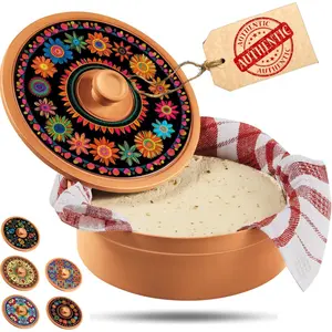 Tortilla Warmer Day of the Dead - Mexican Clay Tortilla Holder with Decorative Marigold Lid & Warmer Cloth, Authentic Día de Muertos Tortillero Holder for Parties & Celebrations