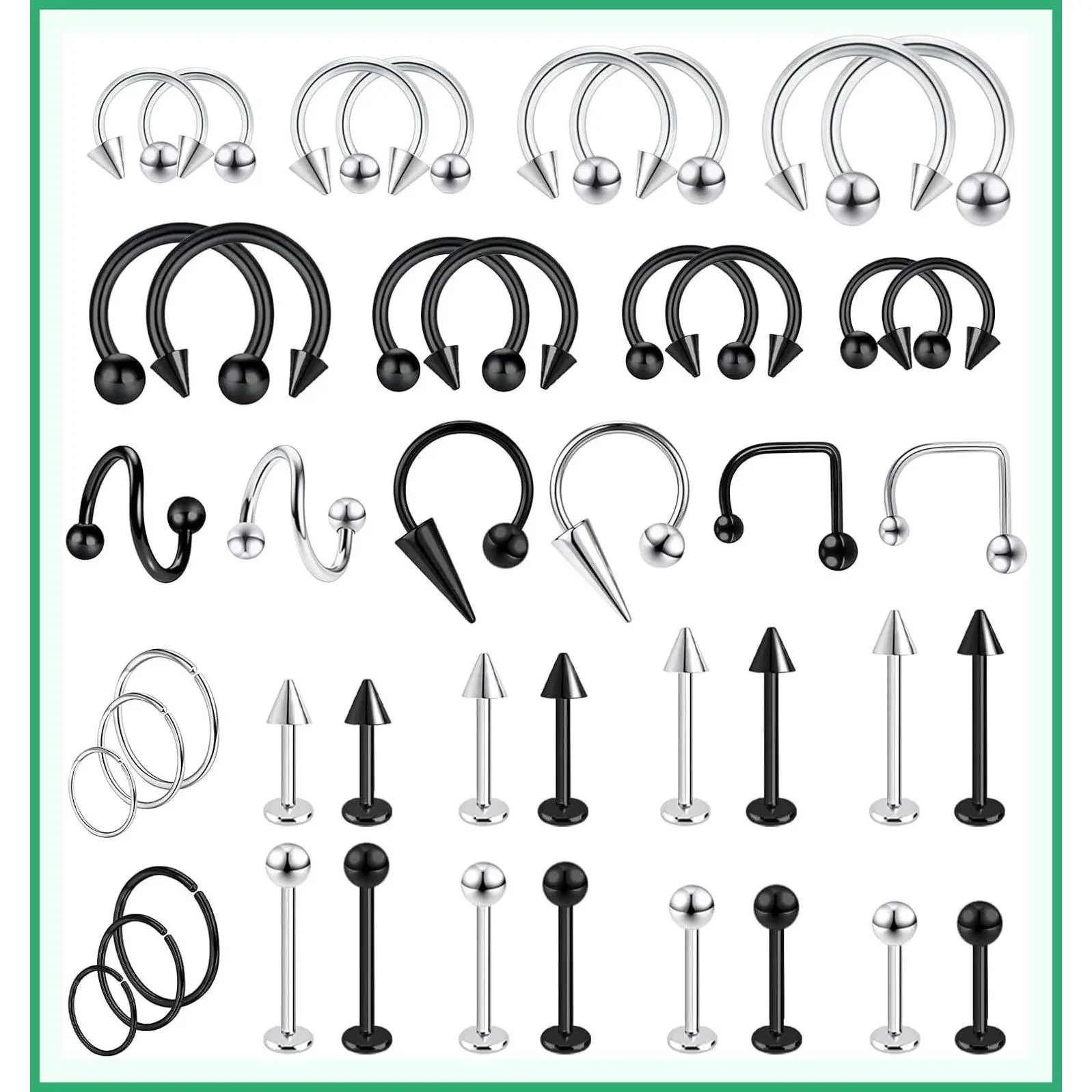 44Pcs 16g Surgical Steel Lip Rings Labret Jewelry Piercing Set - Vertical Labret Spike, Snake Bite, Horseshoe Septum, Nose Ring, Cartilage, Tragus & Helix Earrings Studs