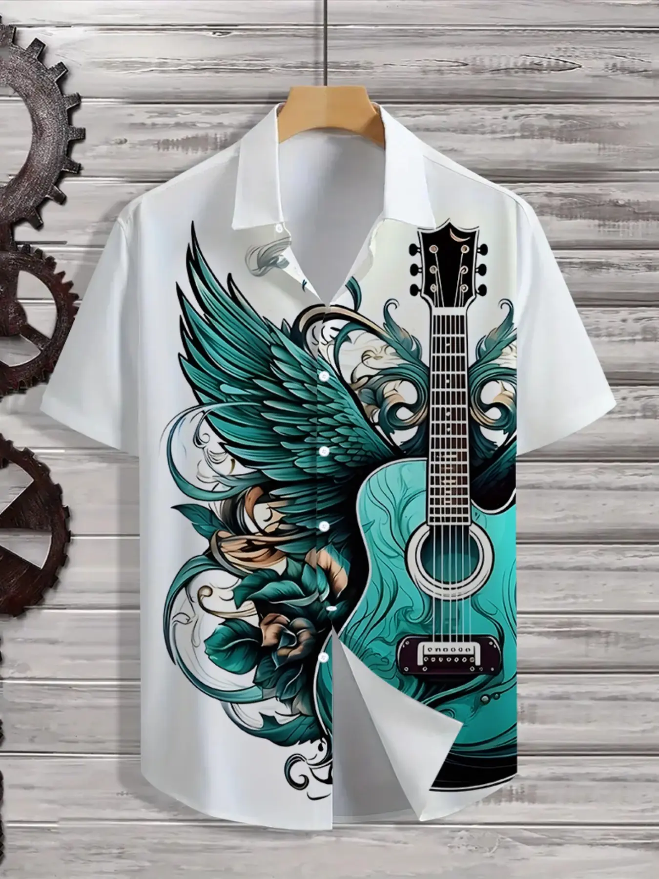 Men's Casual Short Sleeve Shirt, Slim-Fitting Long Shirt, Random Print, Guitar, All Seasons, Rock Musician Style, Ice Silk Fabric