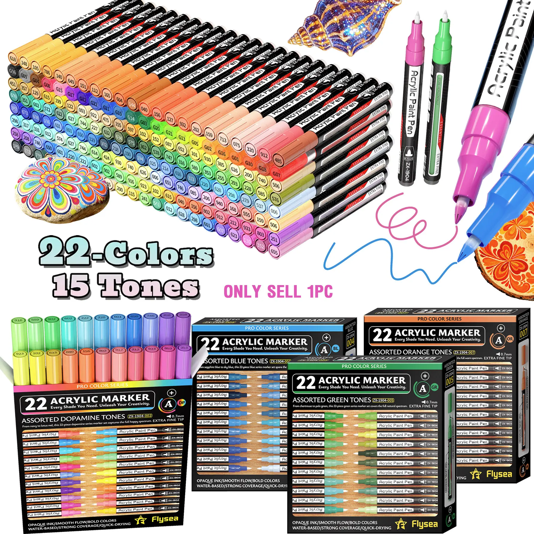 Flysea Acrylic Paint Marker, 22 Colors, Fine Tip 0.7mm, Quick-Dry, Visible Ink Window, Ideal for Stone, Wood, Metal, Glass, Canvas