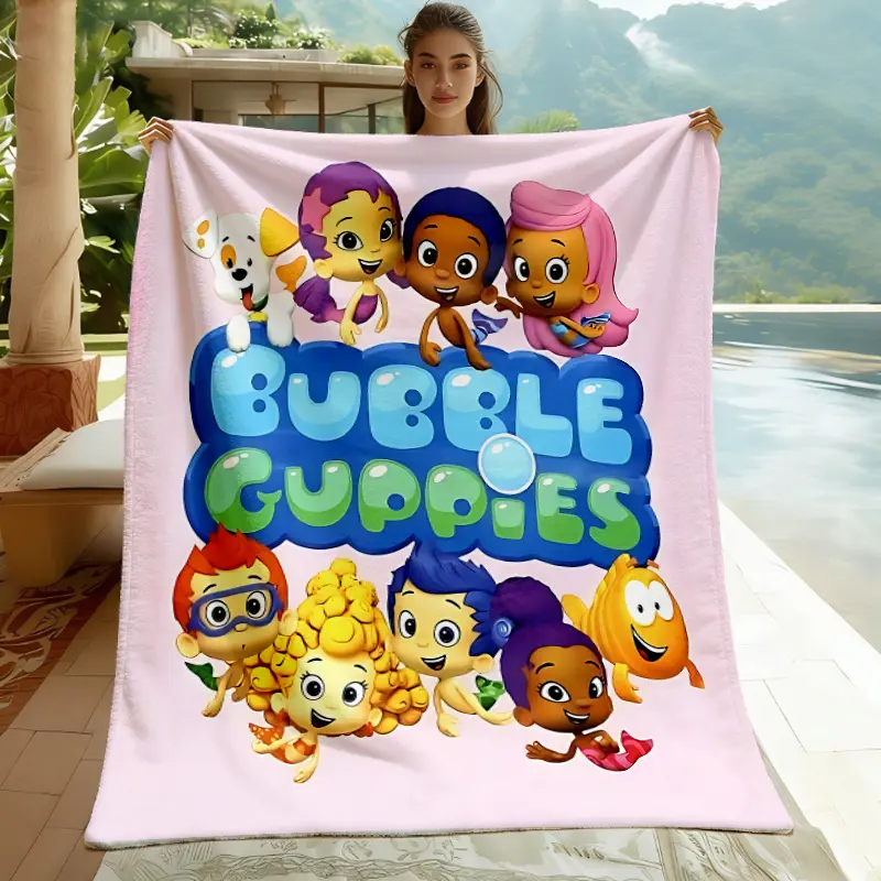 1pc Light Pink Background Bubble Guppies Full Characters Print Throw Blanket Cute Underwater Cartoon Fluffy Flannel Blanket Children Nap Sofa Travel Blanket Gift in All Seasons.Perfect for Beautifying Your Home Space