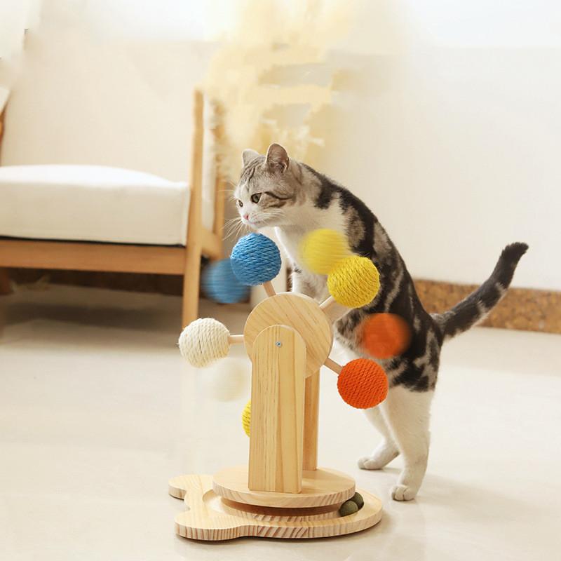 Solid Wood Cat Scratcher with Rotating Balls - 2-in-1 Sisal Scratch Pad & Interactive Track Toy, Natural Durable Furniture Friendly Cat Enrichment