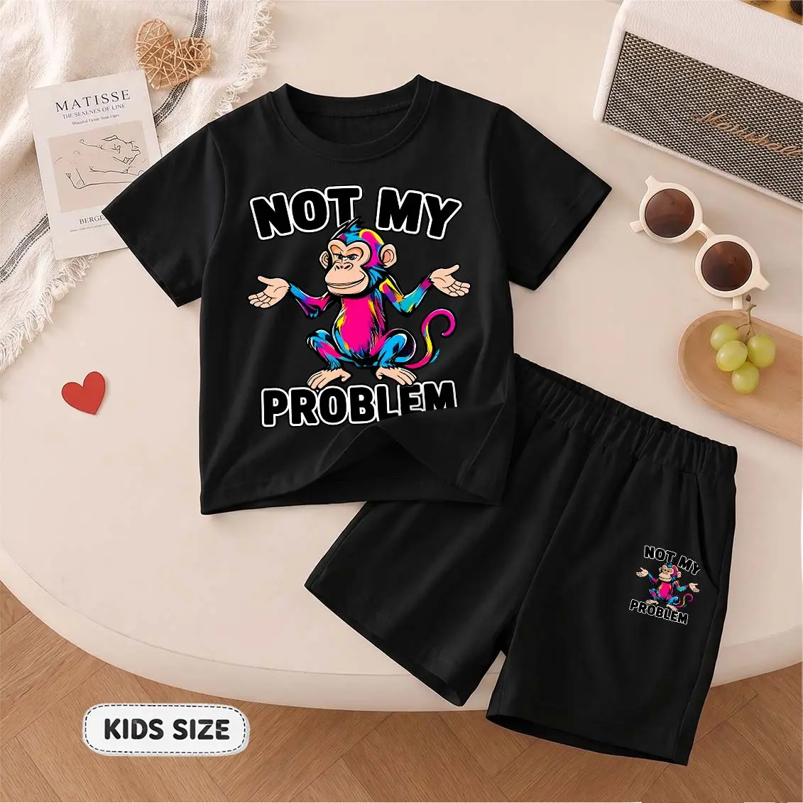 Kids’ 2-Piece Monkey Design & "Not My Problem" Cartoon Print Crew Neck Short Sleeve Tops & Elastic Waist Shorts Set, Breathable Soft Children’s Size Casual Summer Boys’ Clothing for Everyday Wear, Outdoor Play