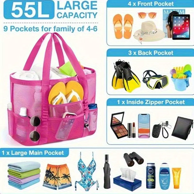 Large Capacity Beach Bag, Sandproof Mesh Beach Pool Travel Storage Tote, Multi-Pocket Design, Organizer Bag, Necessity Bag, Essential for Family Vacations