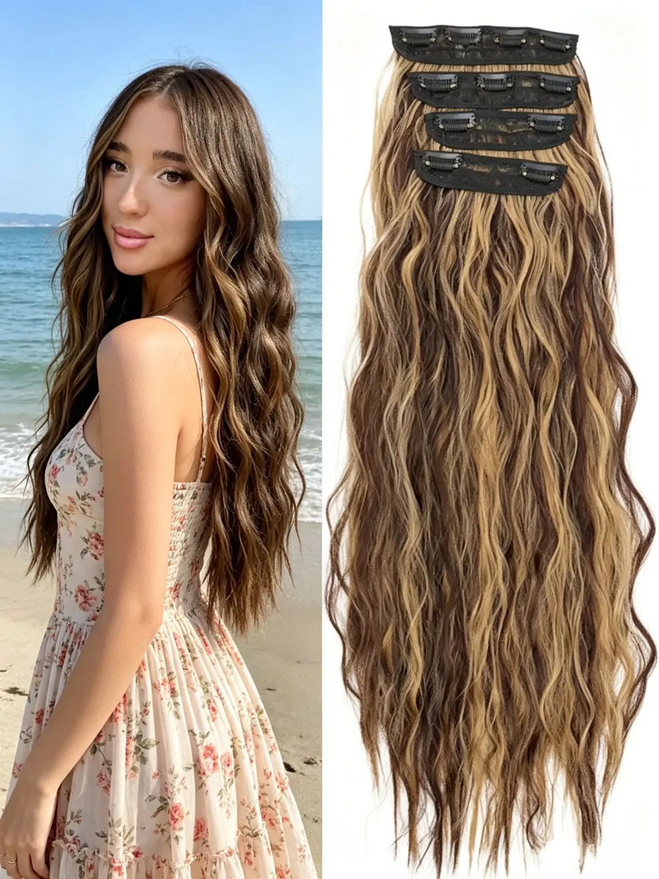 🌴 Beach Blonde Loose Wavy Wave Clip-In Hair Extensions | Thick Double Weft Synthetic Hairpieces, Secure Clips for Effortless Volume & Sunlit Waves!