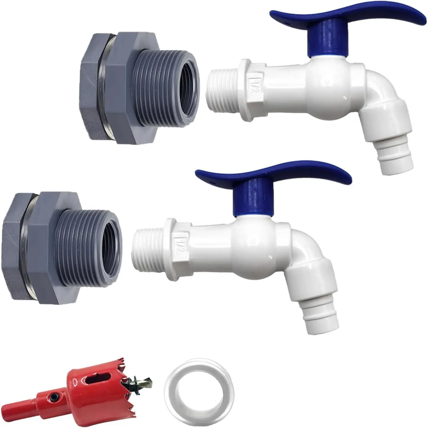 2 Pack Rain Barrel Spigot Kit, Rain Barrel Faucet Kit with Hole Saw and 1/2" PVC Bulkhead Fitting for Water Barrel, Water Tanks, Rain Barrels, Tubs, Garden Barrels