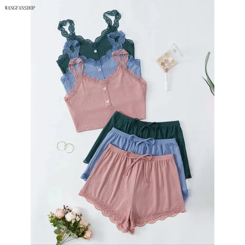 Women’s vertical ribbed knit lace-trim two-piece pajama set featuring an adjustable spaghetti strap camisole with buttons at the waist and drawstring elastic lace shorts; soft, highly stretchy, breathable, sweet summer loungewear suitable for e,belt,loop,