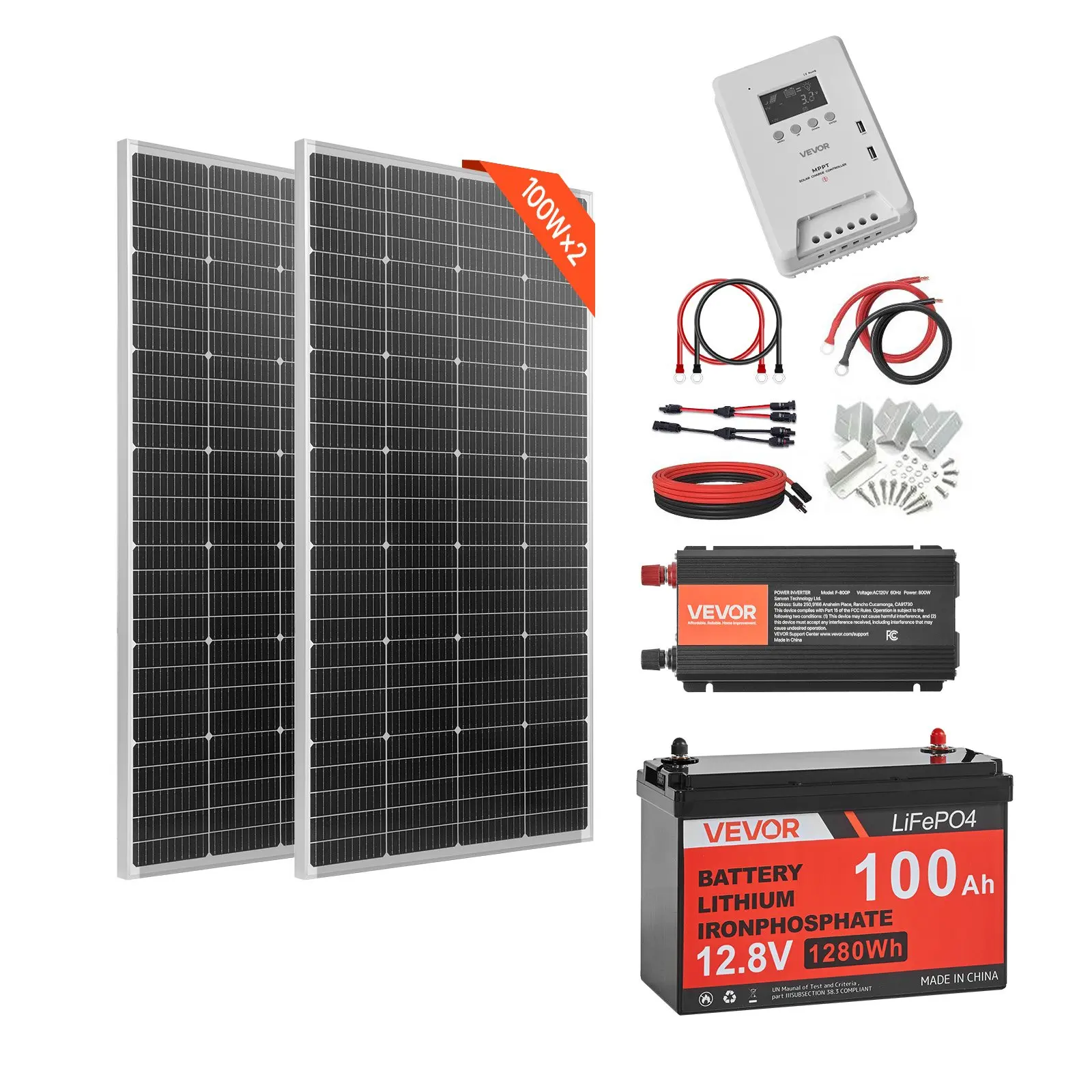 VEVOR 400W 12V Complete Solar Power Kit, 2PCS 200W Monocrystalline Solar Panels+ 12.8V 100Ah LiFePO Battery+ 40A MPPT Charge Controller+ 1000W Power Inverter for RV Home Camping Boats Off-Grid