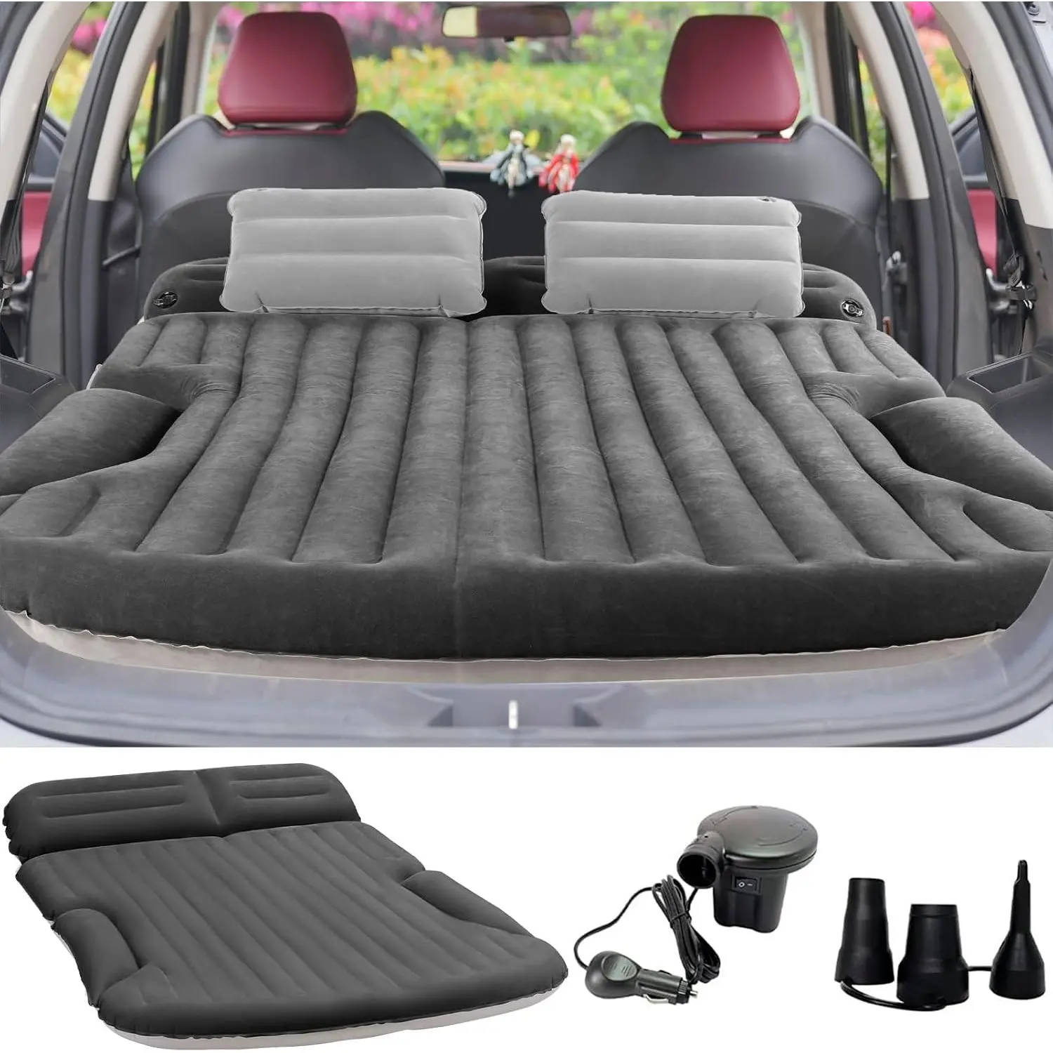 Dark Gray SUV Trunk & Rear Seat Inflatable Bed, Thickened Fabric with 2 Pillows & Electric Pump, Double-Sided Flocking Travel Camping Bed Includes Pillows, Dedicated Mobile Cushion