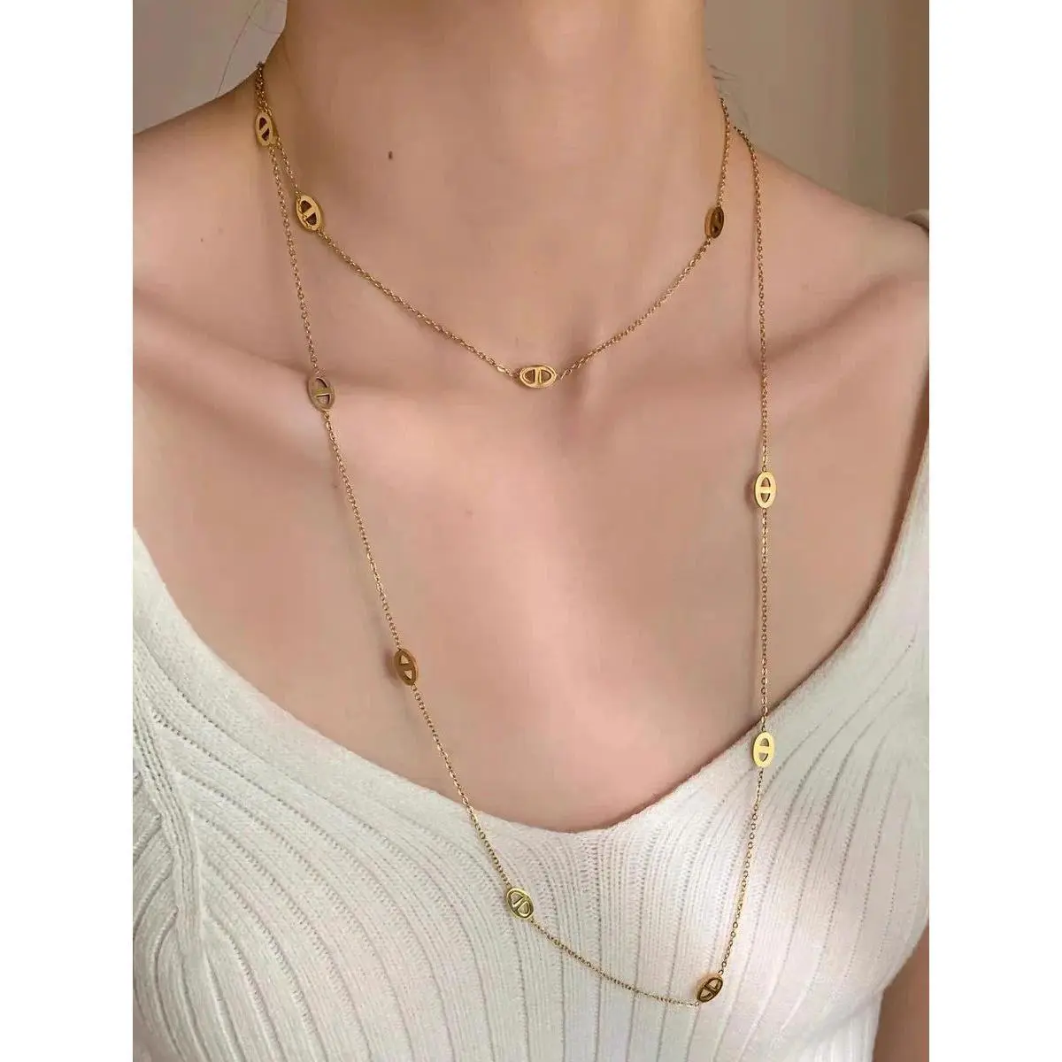 ULJ Stackable Pig Nose Necklace  Double Layer Stainless Steel  Long Light Luxury Chain Sweet Style Waterproof Jewelry