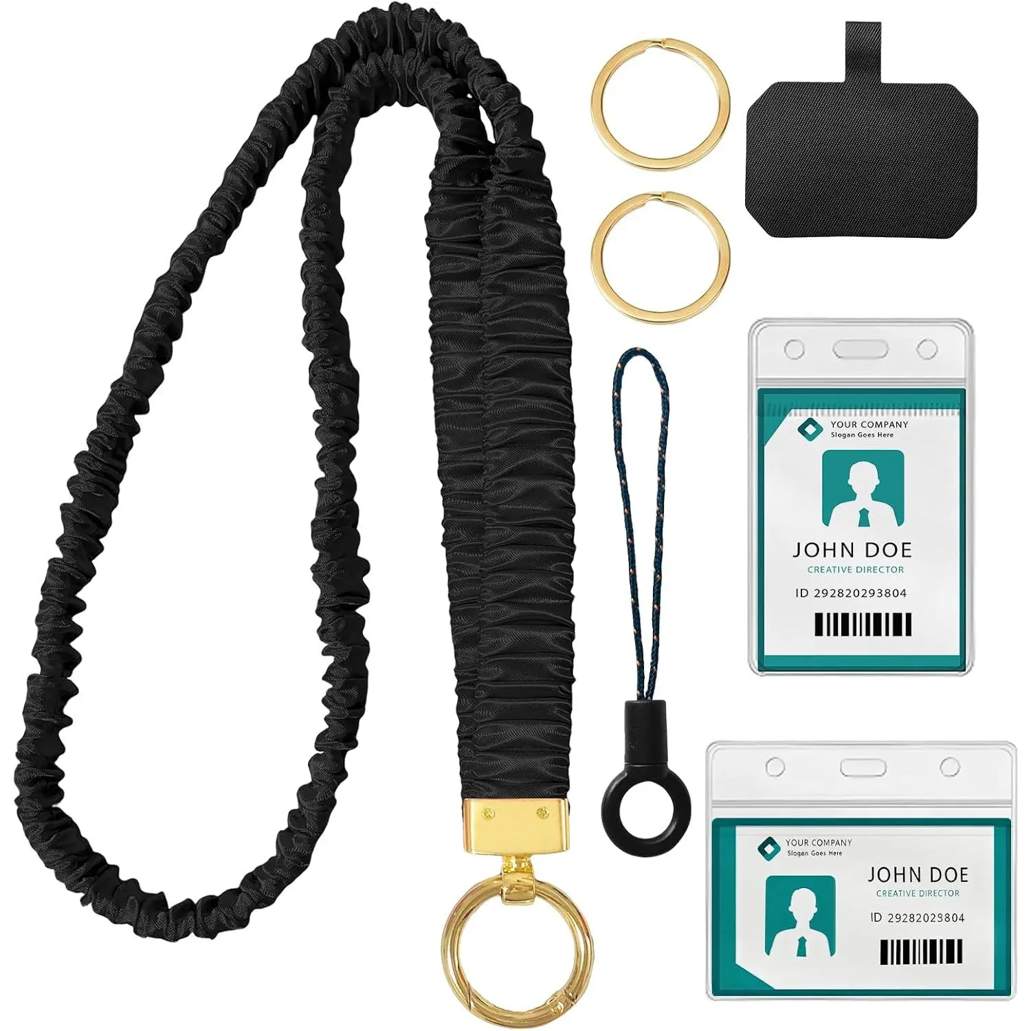 Elastic Stretch Scrunchie Lanyard with Retractable Strap & 2 ID Card Holders, Black ID Badge Holder for Women Teachers & Office Employees, 19-30" Range