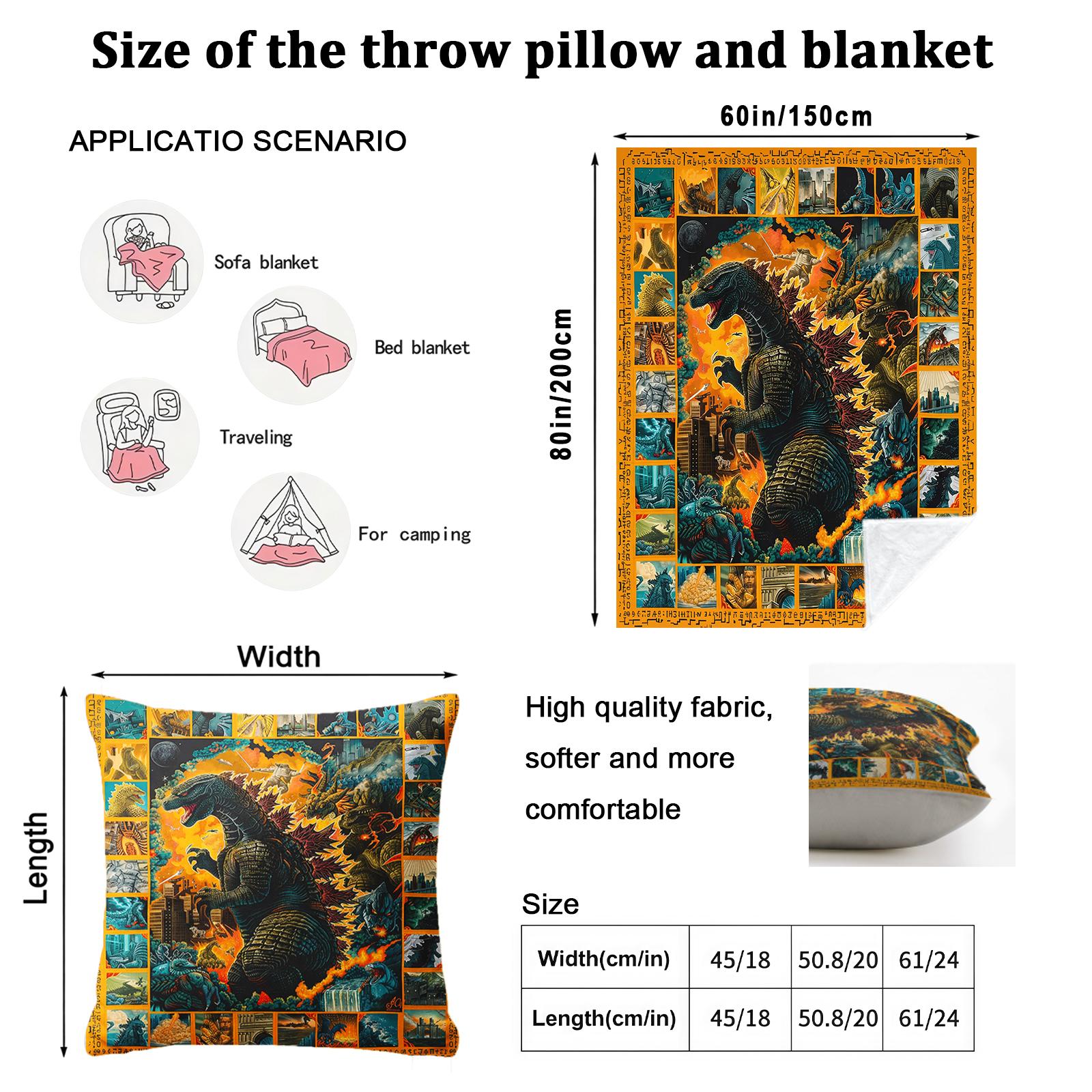 Monster Theme Viral Flannel Blanket and Throw Pillow Cover without Pillow Core Set – Home Decor Set for Monster Movie Fans,Perfect Gift for Kaiju Fans,Trendy Sci-Fi Home Decor Bundle for Bedroom