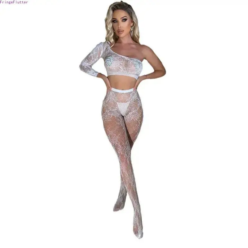 Women's 3-Piece Sexy Female Lingerie Set - Romantic Hollow-Out Jacquard Fishnet Bodysuit, Matching Stockings, Bodysuit for Women for Date Night, Party