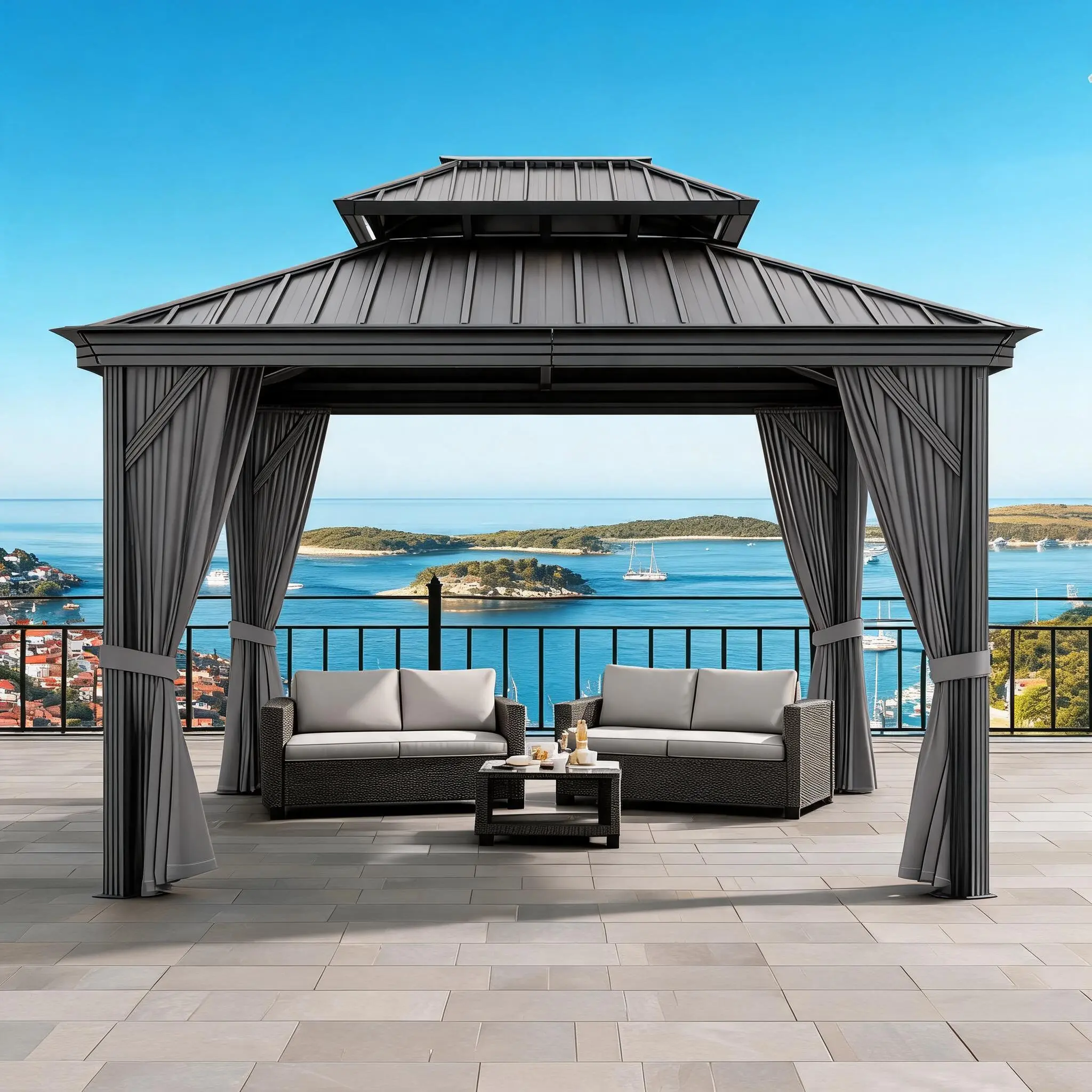 Heavy Duty Hardtop Gazebo - Double Metal Roof, Sturdy Frame, Netting, Curtains, All-Weather Permanent Outdoor Pavilion for Patio, Garden, Available in 12x14/12x18/12x20FT Sizes, Gray