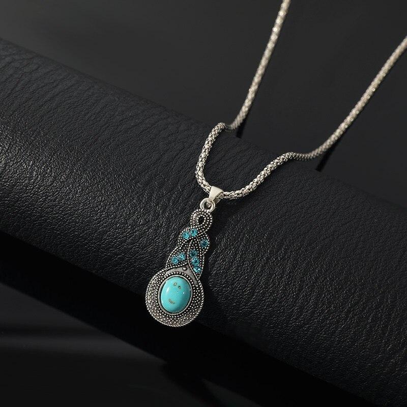 3pcs Necklace Earrings Set For Men And Women Vintage Style Blue Crystal Inlaid Turquoise Pendant With Lantern Chain Jewelry