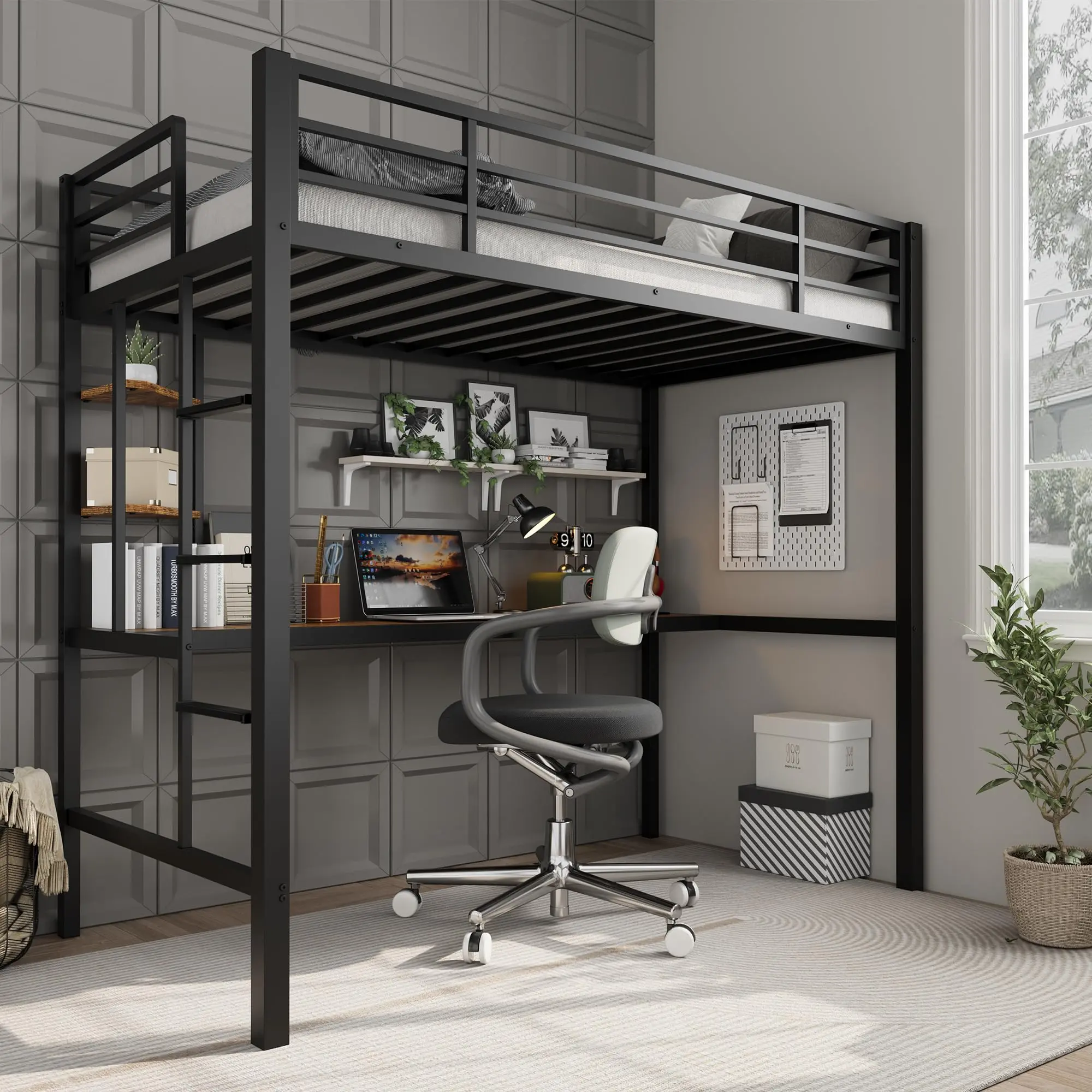 Twin Metal Loft Bed with Desk - Heavy Duty Space Saving High Loft Bedframe with Safety Guard Rails & Ladder for Kids Teens Adults Bedroom