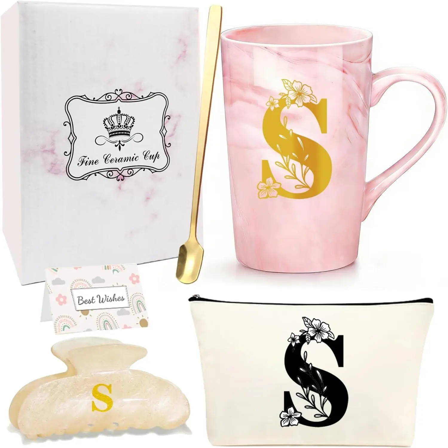Initial Letter  Set for Women - Personalized Monogram Ceramic Mug Set - Initial Letter Gifts for Birthday, Bridesmaid,  Day  for Her(S)