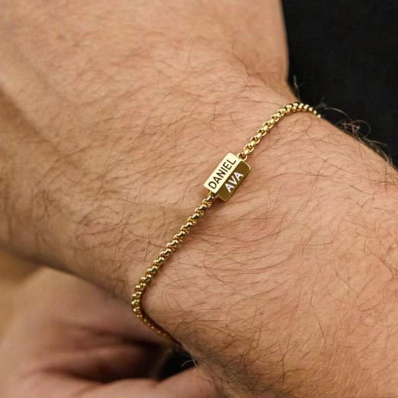 A personalized stainless steel square pendant bracelet for men with custom name engraving, a multi-name engraving bracelet with personalized engraving on 1-4 sides, a stainless steel square pendant bracelet with personalized engraving on 1-4 sides, a Fath