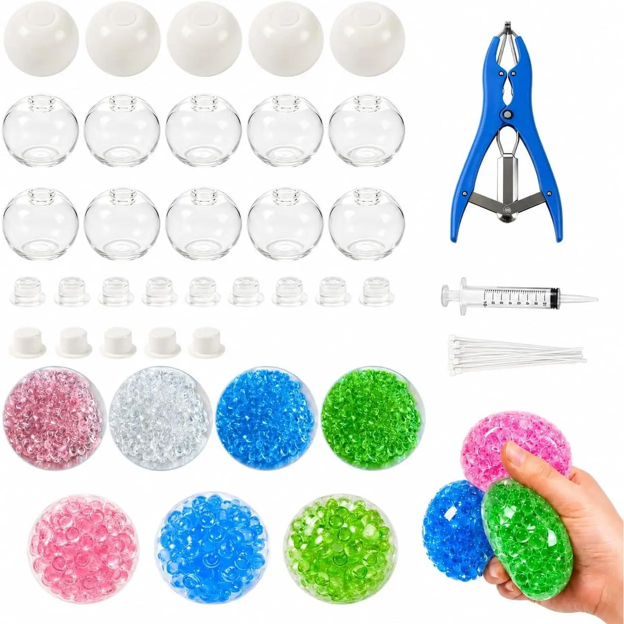 DIY Stress Ball Making Kit, Squishy Making Kit, Make Your Own Squishy Kit with 15 TPR Ball Skins, 7.1 oz Fillers, Expander Tool, Vacuum Tool and 20 Cable Ties for ASMR and Stress Relief