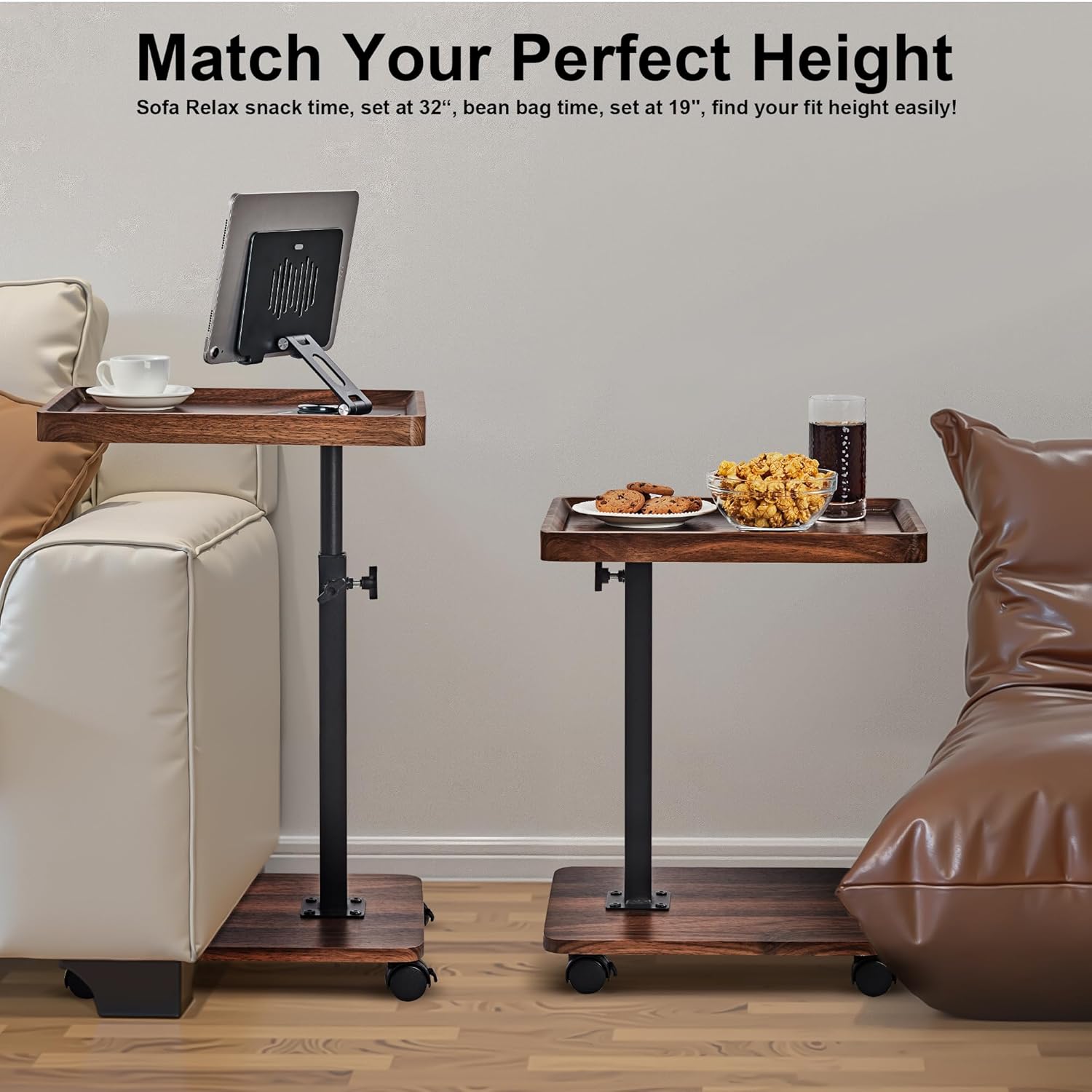 TV Tray Table Sofa Side Table Adjustable Height, 360 ° Swivel Couch Table for Small Spaces, C Shaped end Tables Living Room and Bedroom for Sofa, Bed, Chair, Snack, Living Room (Walnut Brown)