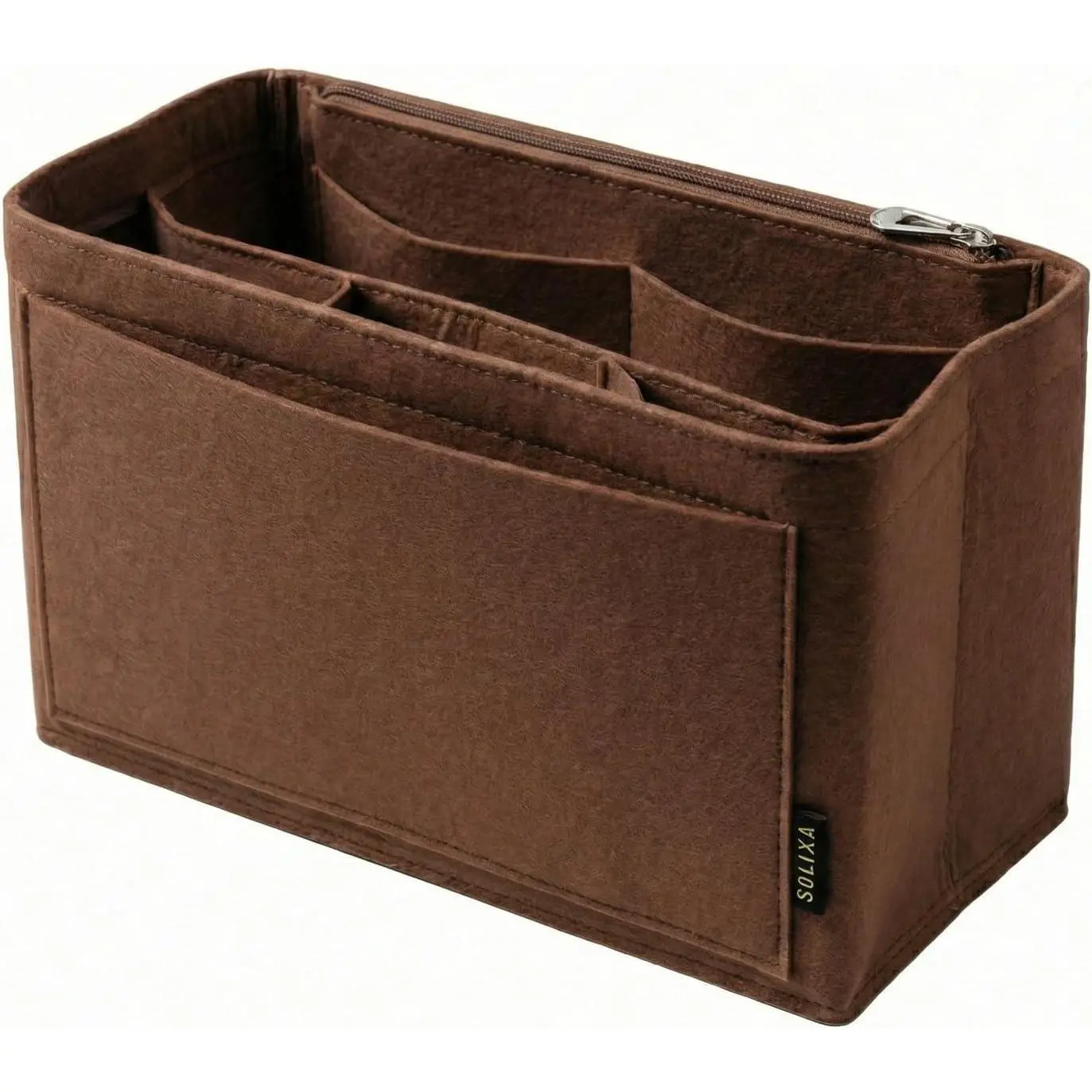 Purse Organizer Insert for Tote Bags, Felt bag organizer for Handbag with Metal Zippers,Tote bag for women organizer insert with 8 pockets,Bag in bag organizer for tote purse bag (BROWN, M)