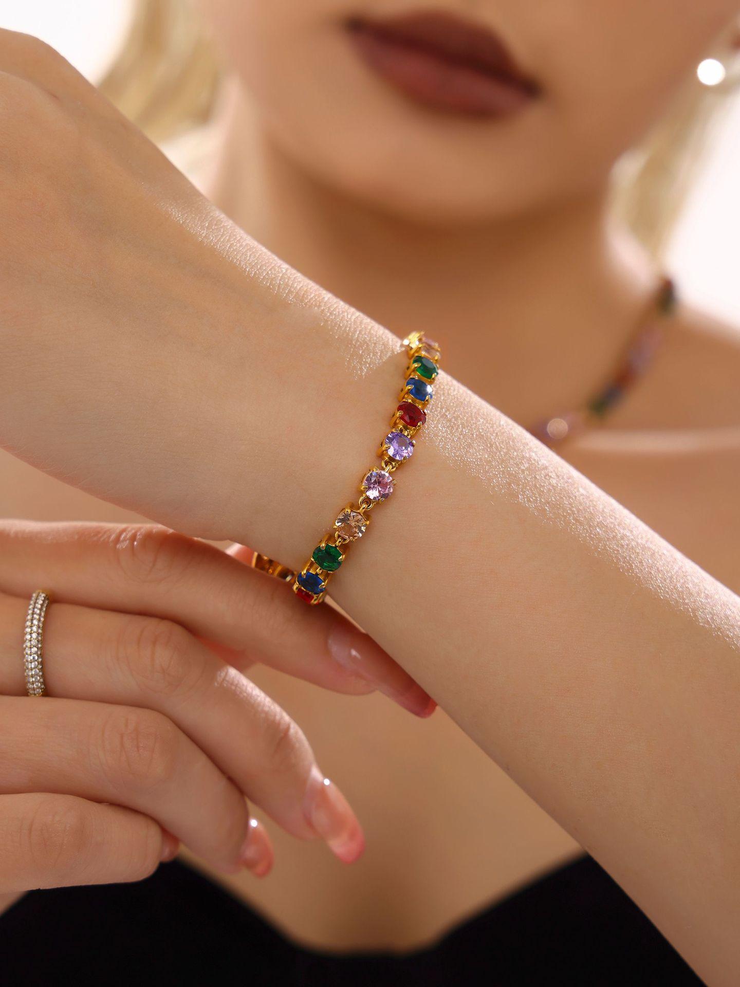 Handmade Prong Setting 5mm Colorful Zircon Shiny Bracelet & Necklace Set, 18K Gold Plated Luxury Jewelry