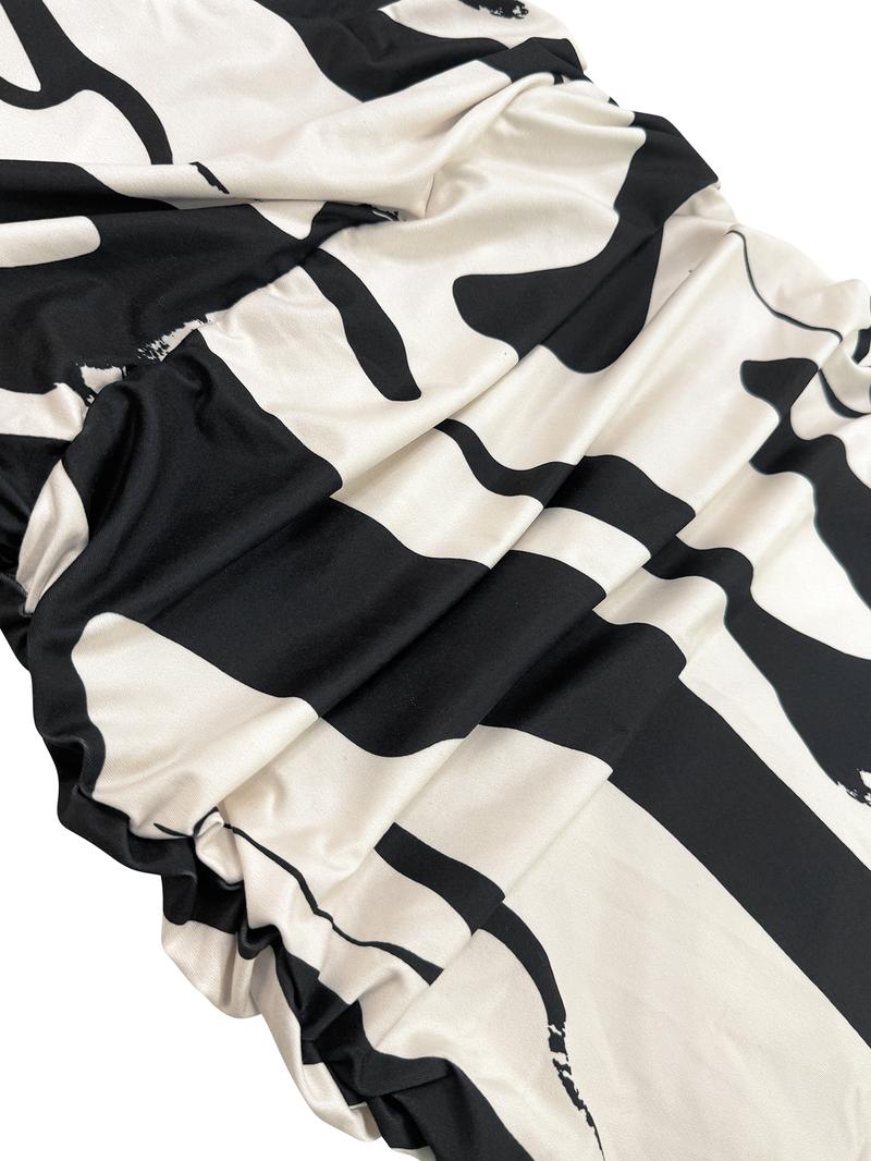 Aliling Women's Dress Valentine's Day Women's Clothing Summer Thin Elegant Midi V-Neck Half Sleeve Geometric Print Ruched Slim-Fitting Dress