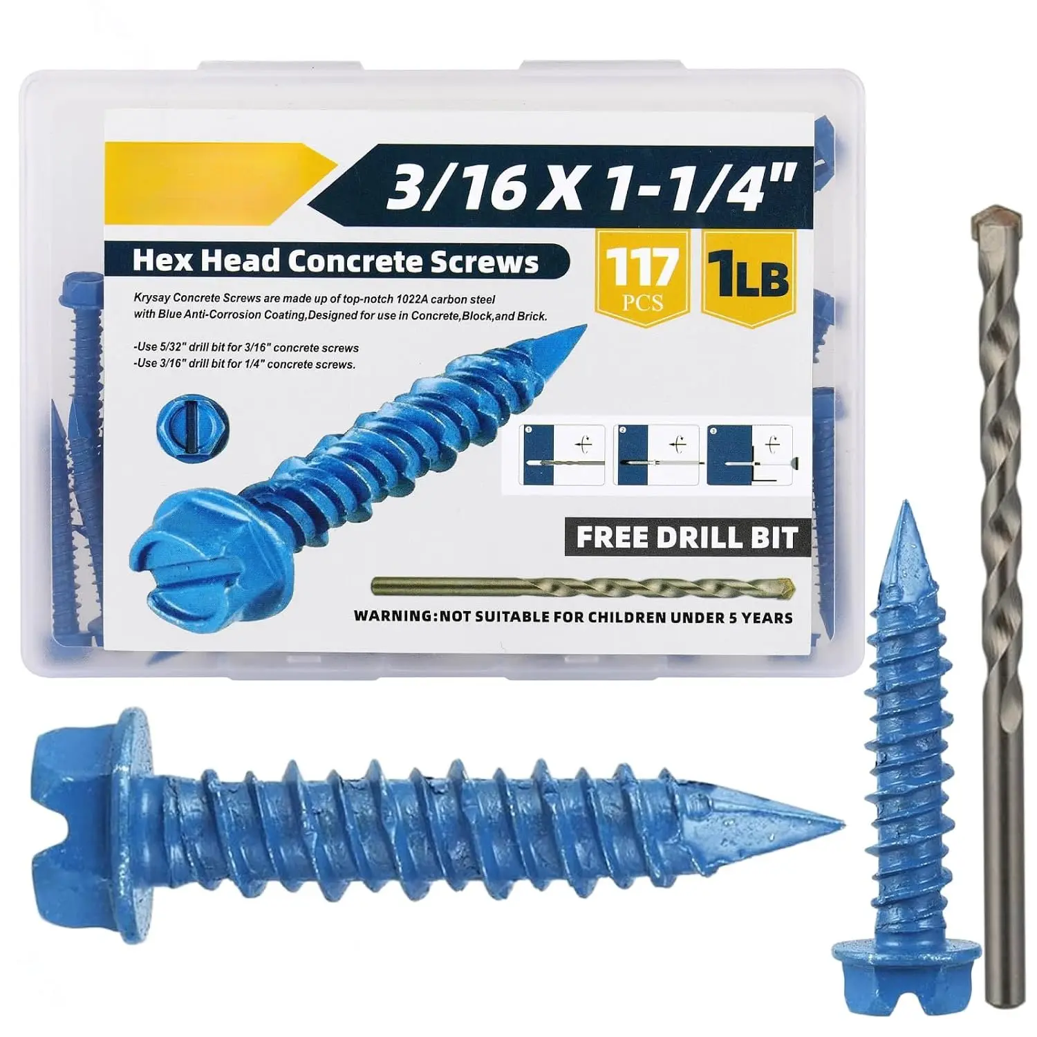 117 count 3/16 x 1-1/4 in Concrete Screws with Drill bits,Masonry Screws for Concrete(1LB)