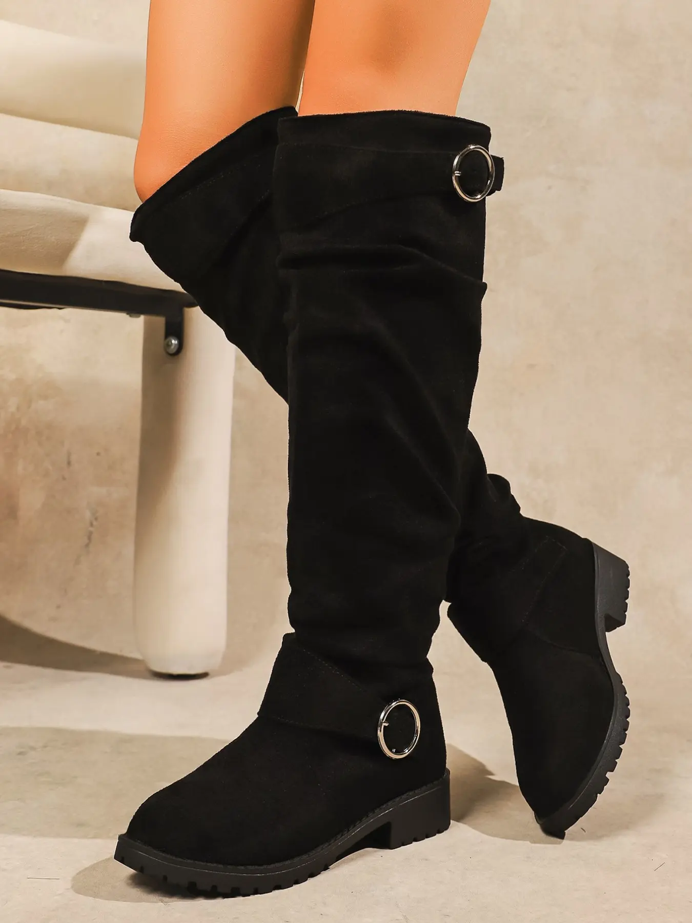 Women's Fashion Foldable Velvet Over-The-Knee Boots, Metal Buckle Chunky Heel High-Calf Boots, Fall Winter Stylish Long Boots