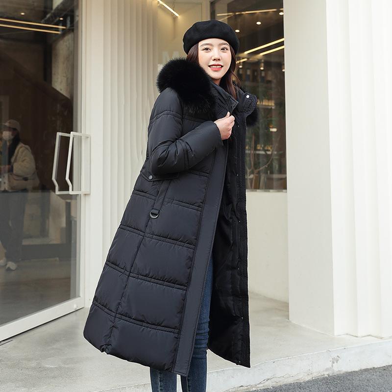 New winter women's thickened long over-the-knee hooded cotton-padded coat with large fur collar.