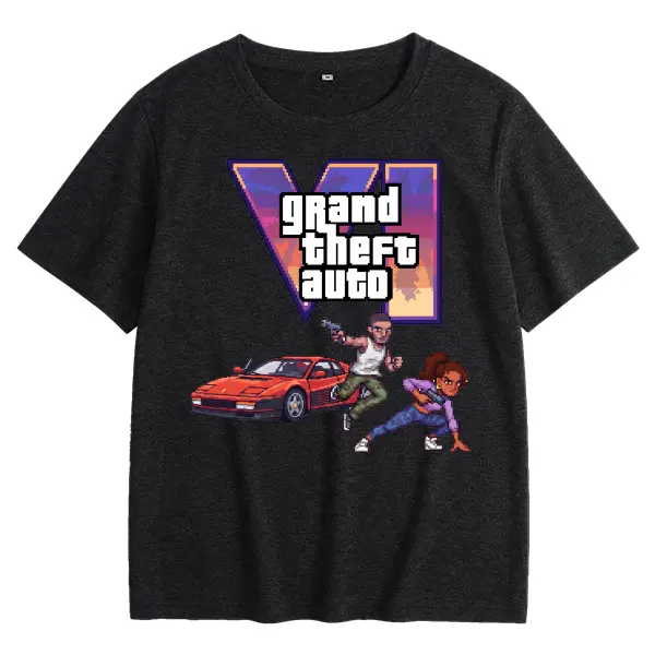 Pixel Vice GTA VI Duo Crewneck Printed T-Shirt for Men and Women, Regular Fit Soft Stretch Fabric Tee, Colorful Casual Streetwear Top for All Seasons, Quick-Dry Comfortable Graphic Shirt Menswear Garment Tshirt Tropical Shortsleeve