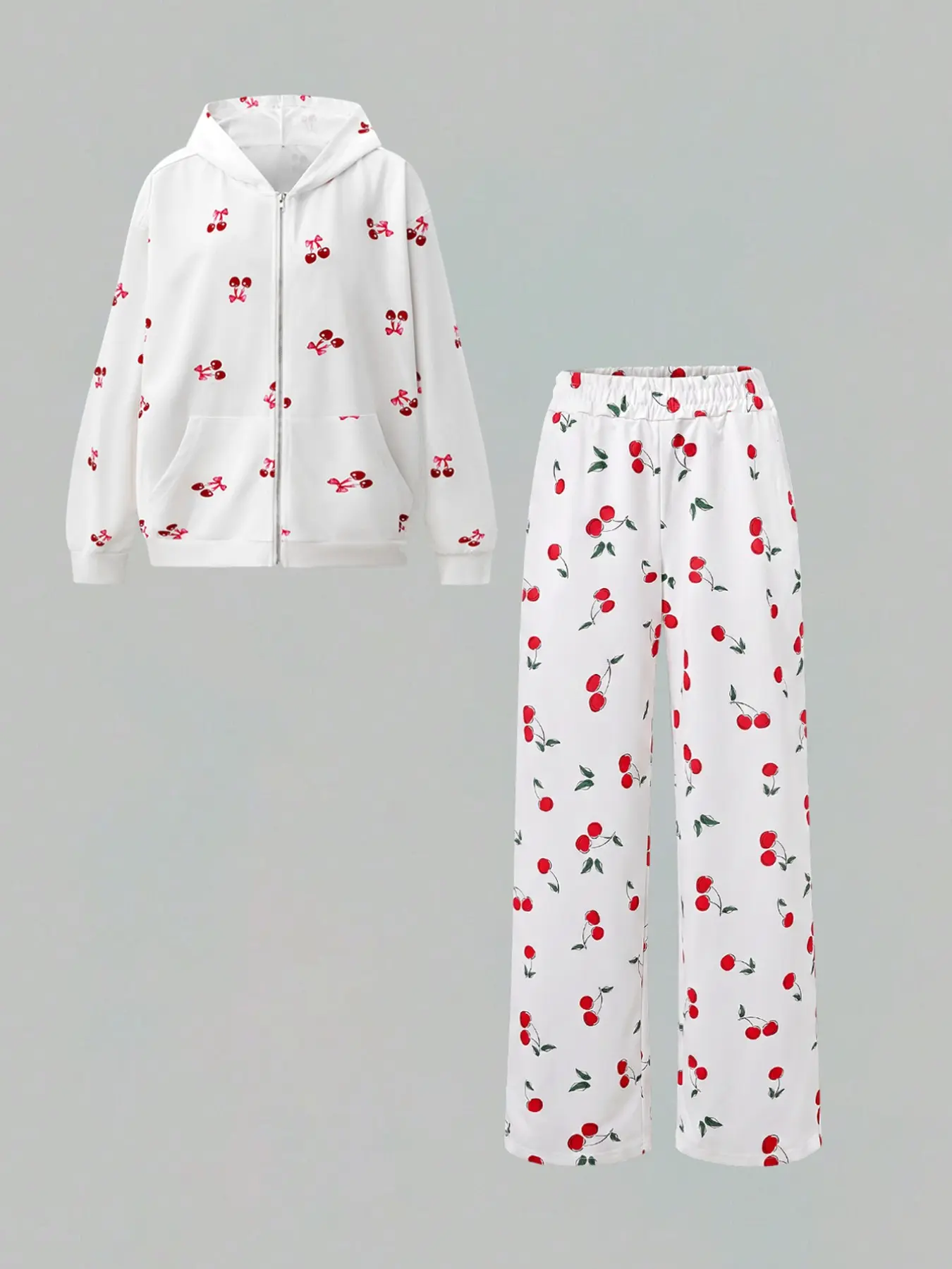 Women 2 Piece Set Cute Cherry Print Zip Up Hooded Jacket & Wide Leg Pants Outfit Elastic Waist Loose Casual Loungewear Set Soft Breathable Long Sleeve Hoodie Trousers Suit Sweet Y2K Home Wear Fashion Matching Tracksuit Relaxed Fit Leisure Pajamas Set