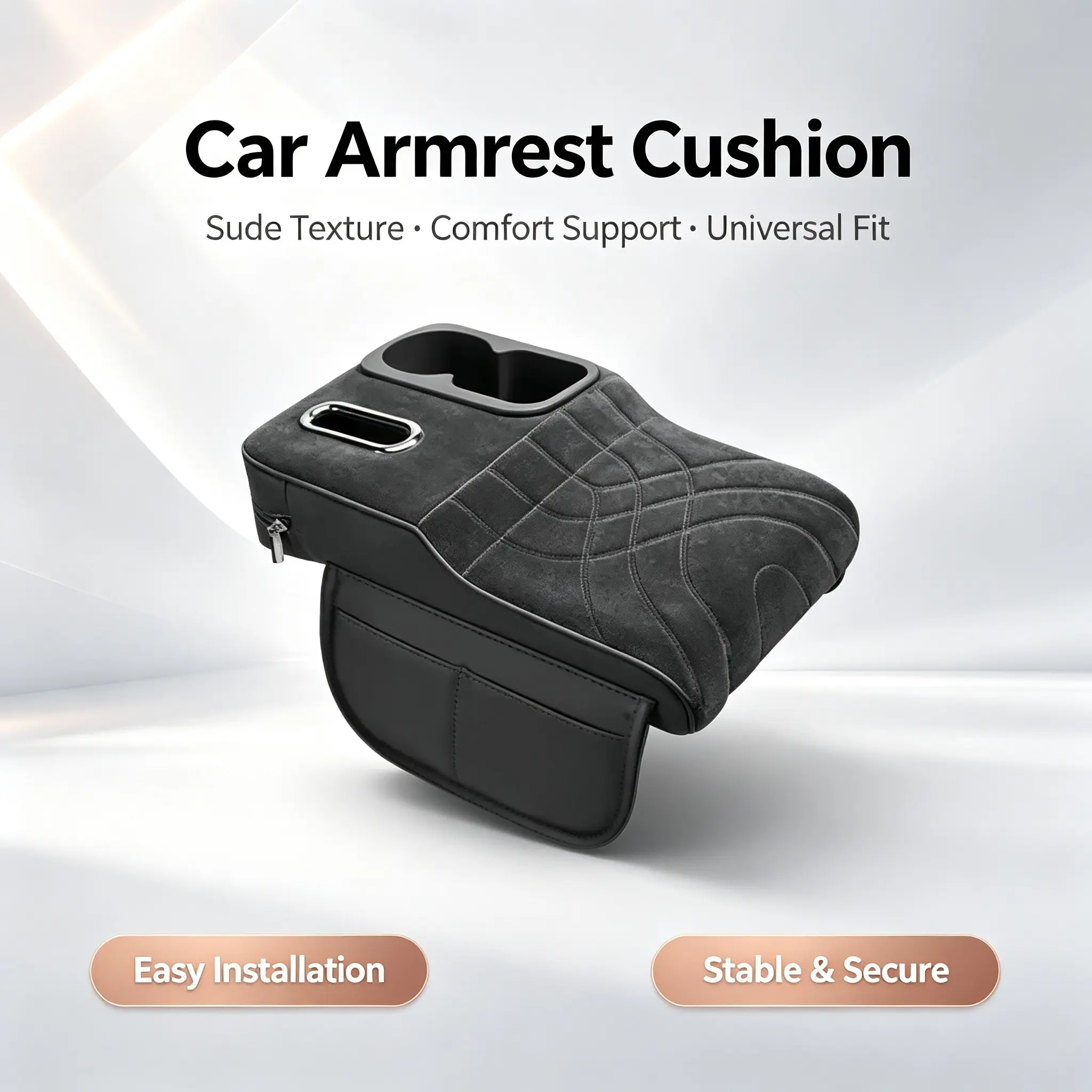 Car Armrest Pad Set, Suede Central Console Armrest Pad with Cup Holder and Storage Bag, Universal Memory Foam Elbow Support for Cars, Trucks, Suvs