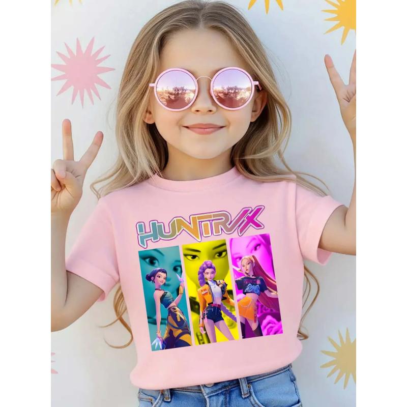 Kpop Hunter Girl Group Cool Girls Portrait Print Short Sleeve Funny Graphic Tee, Comfortable Soft Fabric, Casual Sportswear for Girls, Perfect Gift