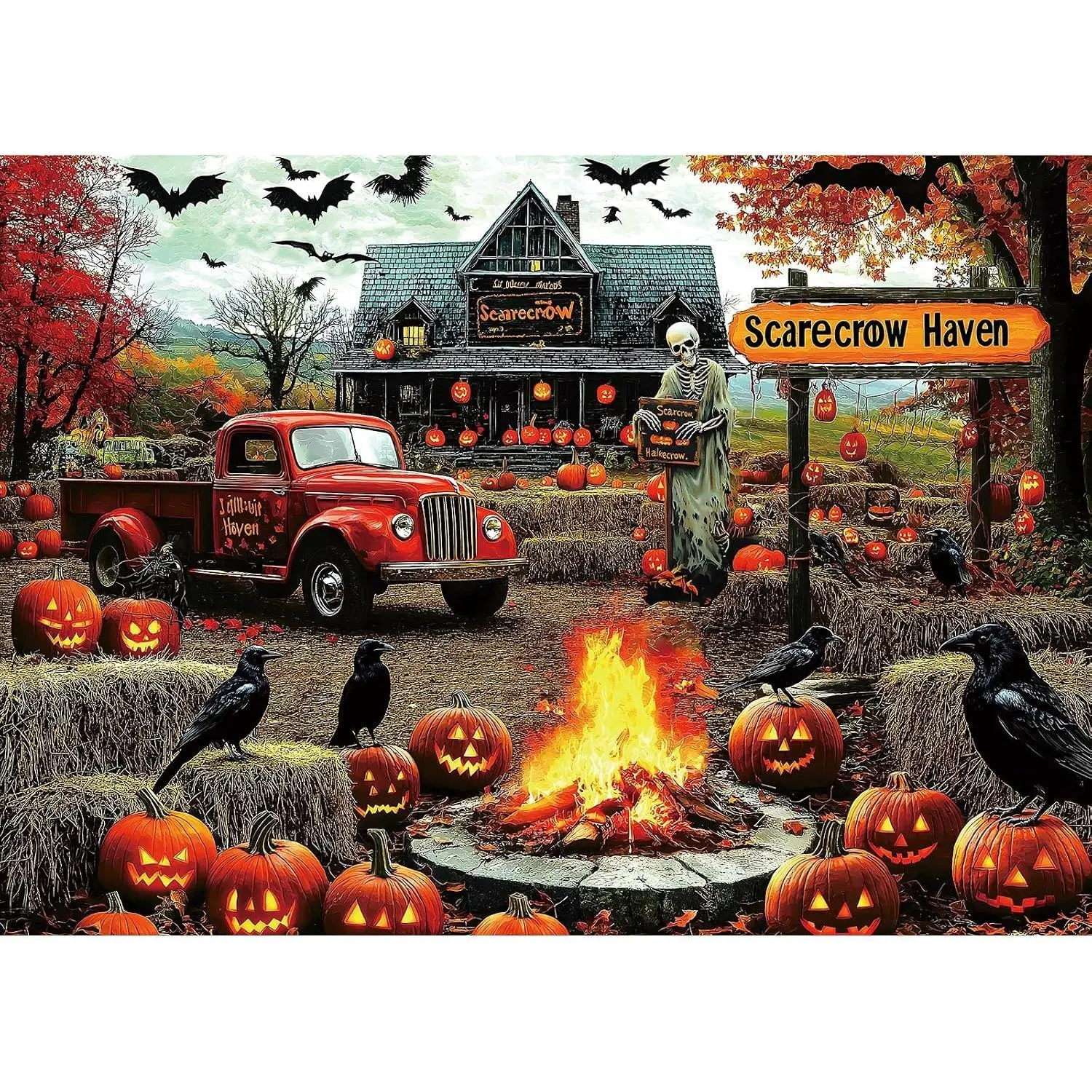 1000 Piece Halloween Puzzles for Adults, Fall Ghost Scarecrow for Adults Puzzle, Haunted House Gift Jigsaw Puzzles, for Gifts Halloween Birthday Party Games Family, 27.5" X 19.7" Dust Free