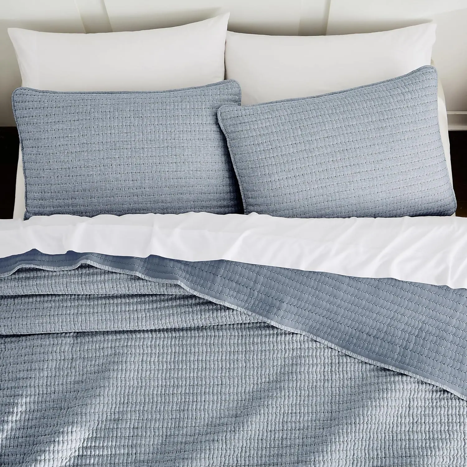 Chambray Pick   Size Quilt Set, Denim Blue Striped Lightweight Soft Summer Spring Bedspread,  Linen Like Textured Coverlet,  Country Rustic Bedding, Thin Comforter