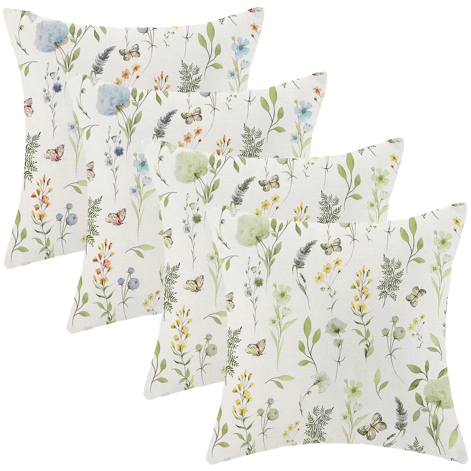 Set of 4 Sage Green Floral Spring Pillow Covers 18x18, Wildflower Linen Cushion Covers for Sofa & Bedroom, Farmhouse Home Decor Upgrade