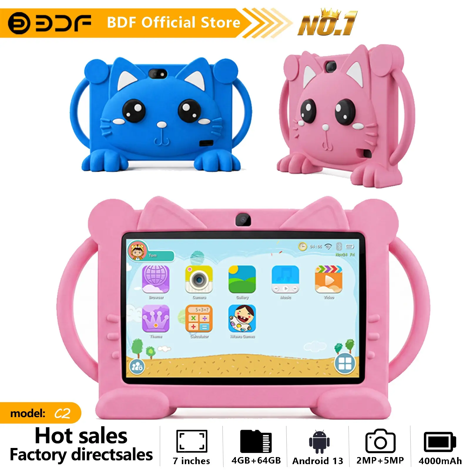 Electronic Learning Toy, 7-Inch Android 13 Tablet, Rechargeable Learning Tablet, 4GB RAM 64GB Storage, Dual Cameras, 4000mah Battery, WiFi Gaming