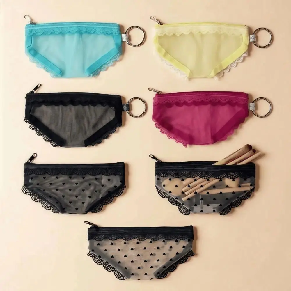 Unique Panties Shape Mesh Cosmetic Bag for Women, Y2K Lace Heart Transparent Makeup Pouch, Funny Travel Toiletry Storage Organizer, Gag Gifts for Friends