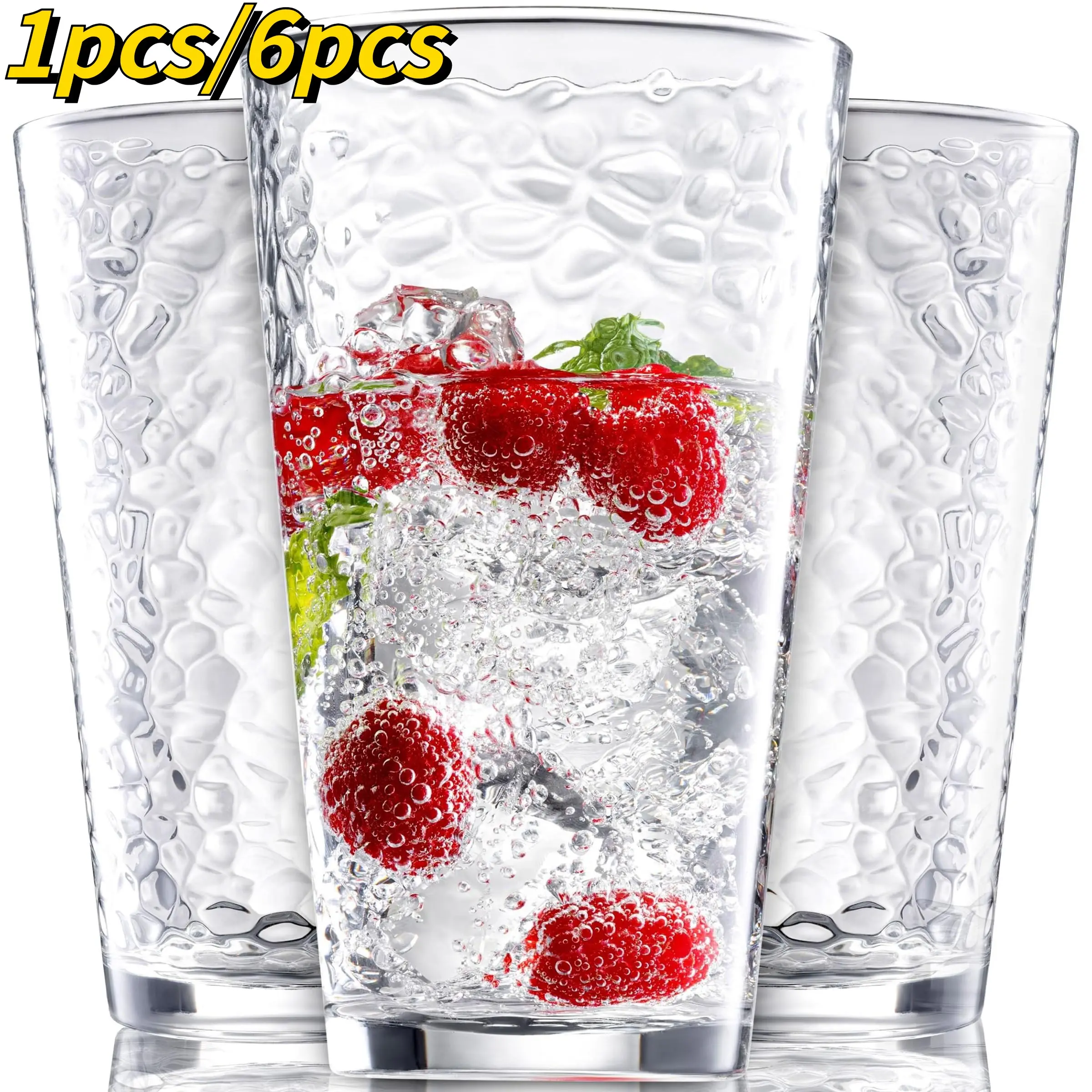 Set of 6 16oz Hammered Highball Glasses, Transparent, Durable Thick-Bottom Design, Versatile for Cocktails, Beer, Juice, Home & Commercial Use