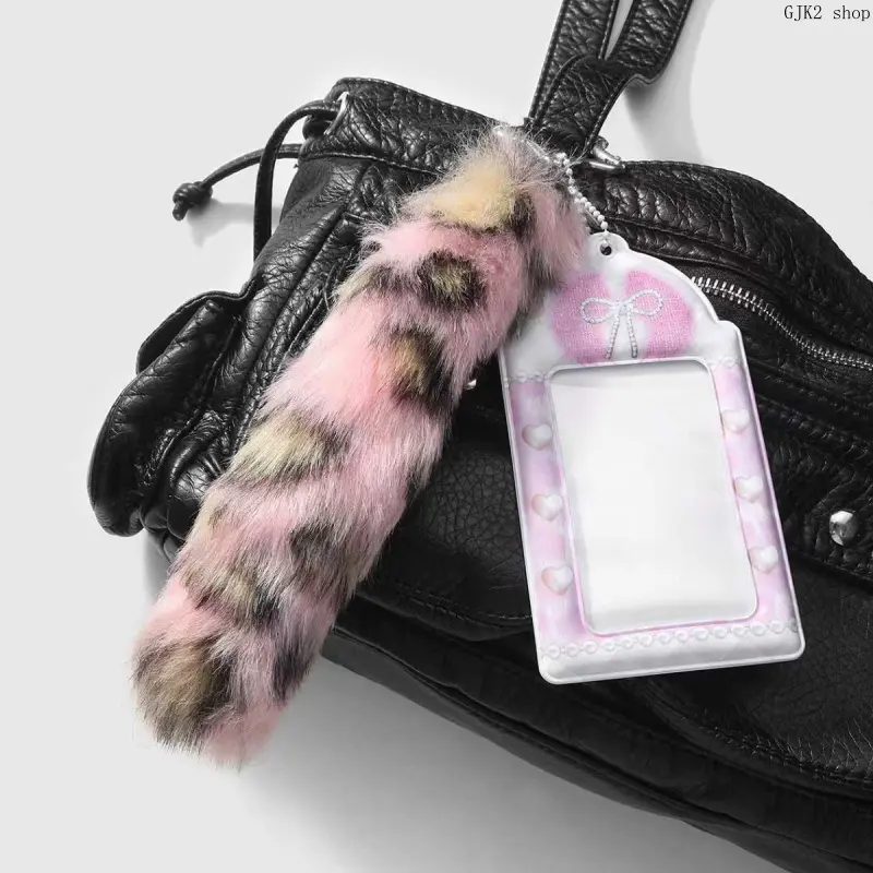 Pink Heart Bow Print Photocard Holder - Card Protection Accessory with Faux Fur Leopard Tail Furry Charm, Coquette Look Kpop Card Cover Pendant for Kpop Fans, Lightweight