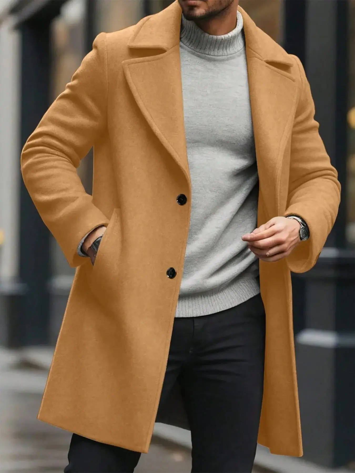 Men's Fashion Plain Color Long Coat, Fall & Winter Overcoat, Slim-Fit Lapel Design, Multiple Colors Available, Perfect Gift for Him