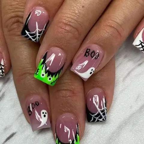 24pcs Halloween Short Square Nails, Press-On Nail Tips, Transparent Nude French Tip, Spider Web, Ghost Letter, Unique Design, Perfect for Parties, Gothic Press On Nails