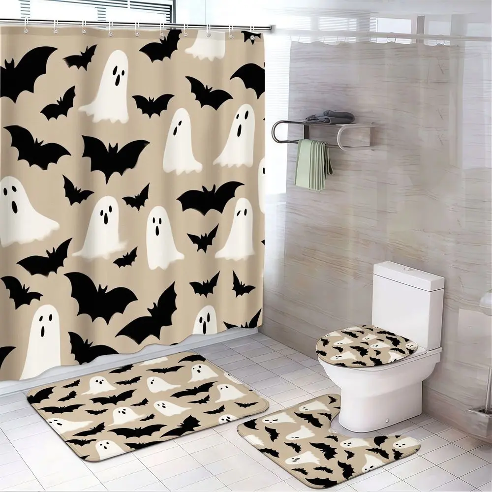 4pcs Halloween Bathroom Decor Set, Cute Black Bats Ghost Print Shower Curtain with Matching Rugs, Spooky Haunted House Theme, TikTok Shop Hot Trend