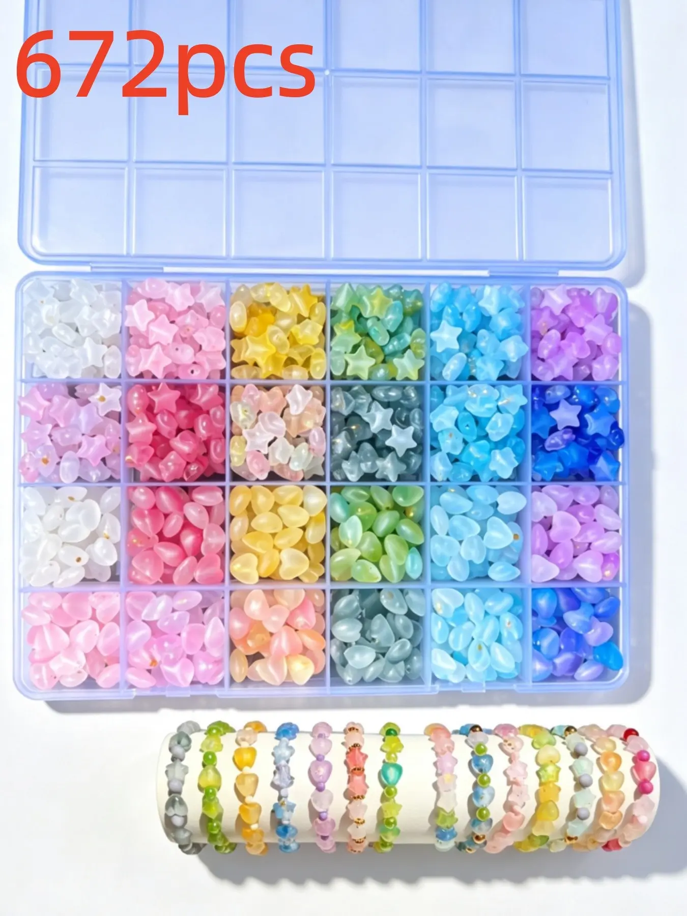 672pcs Heart Beaded Set, Boho Style Acrylic Beads Mix, DIY Jewelry Making Kit, Includes Storage Box & Elastic Thread, Perfect for Bracelets, Necklaces, Earrings