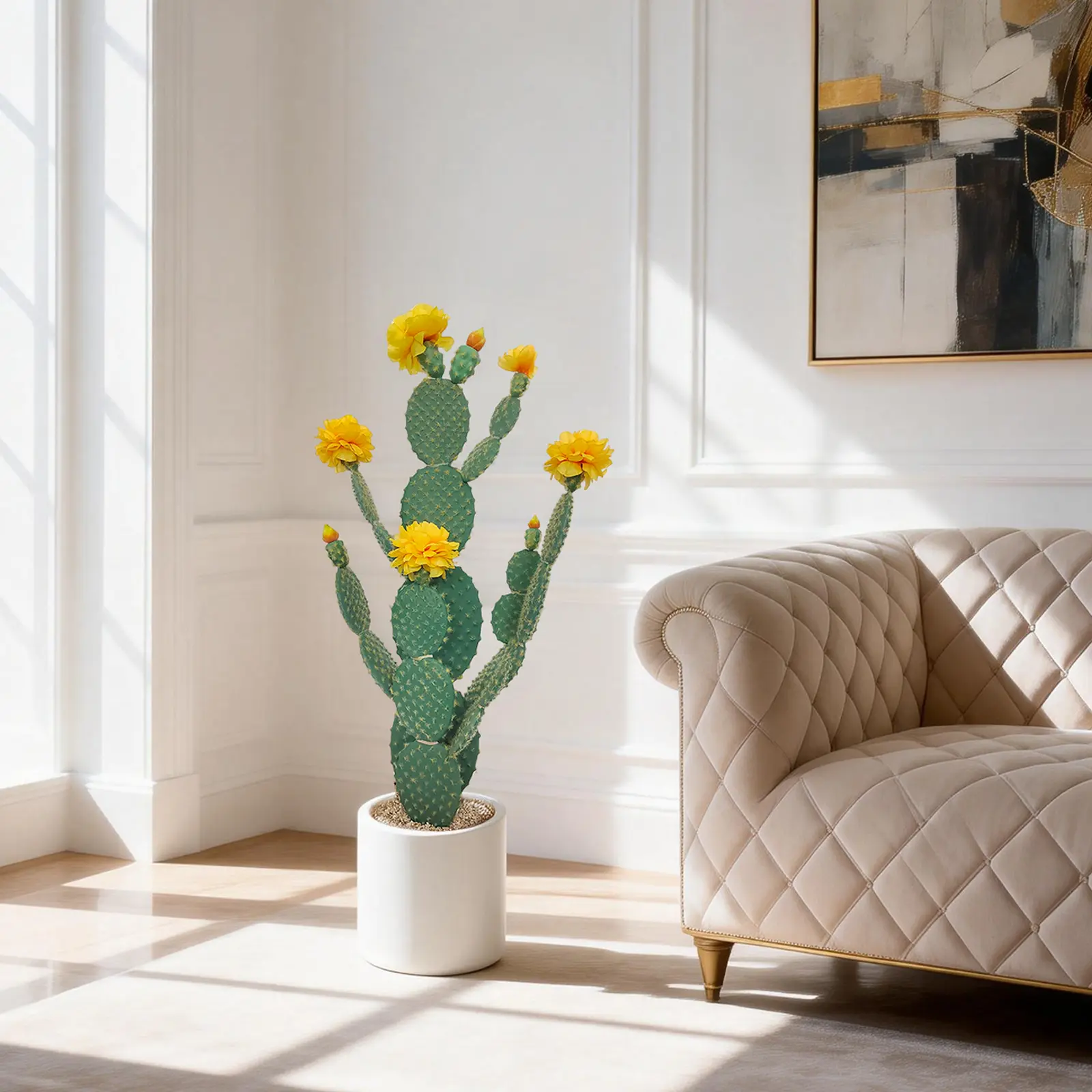 78cm Artificial Cactus Plant with Yellow Flower, UV Resistant Realistic Fake Potted Succulent for Indoor Outdoor Decor