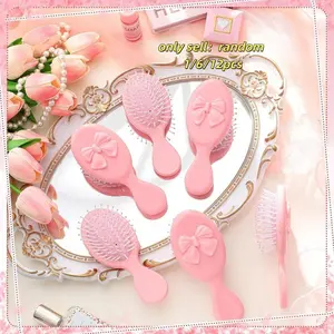 Mini Cushion Hair Comb Set, Bow Travel Comb for Girls, Dry Wet Use Scalp Massager, Portable Pocket Size, Foldable with Mirror