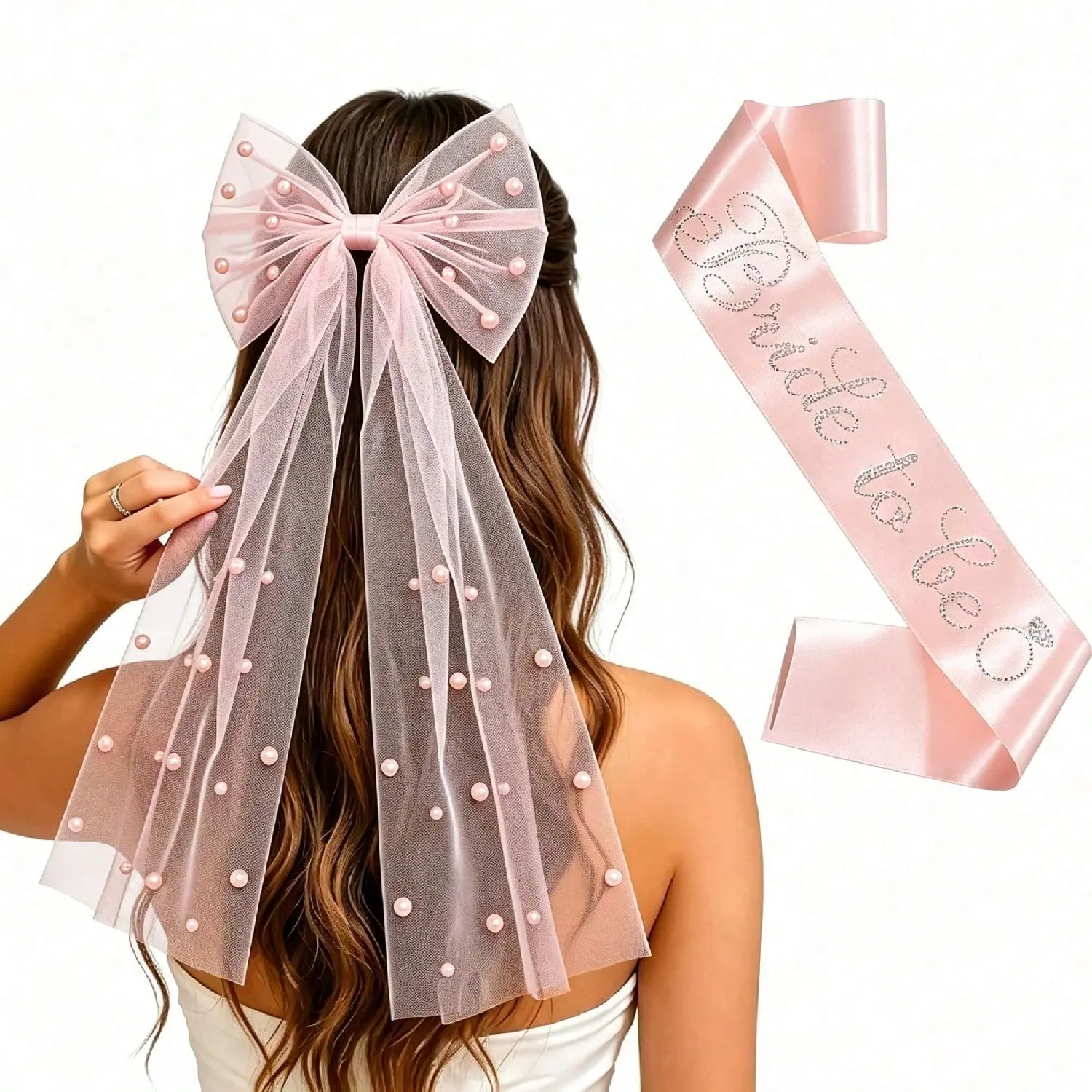 Bachelorette Party Bride-to-Be Set, Embroidered Pink Pearl Veil with Rhinestone Champagne Pink Bride Sash Kit