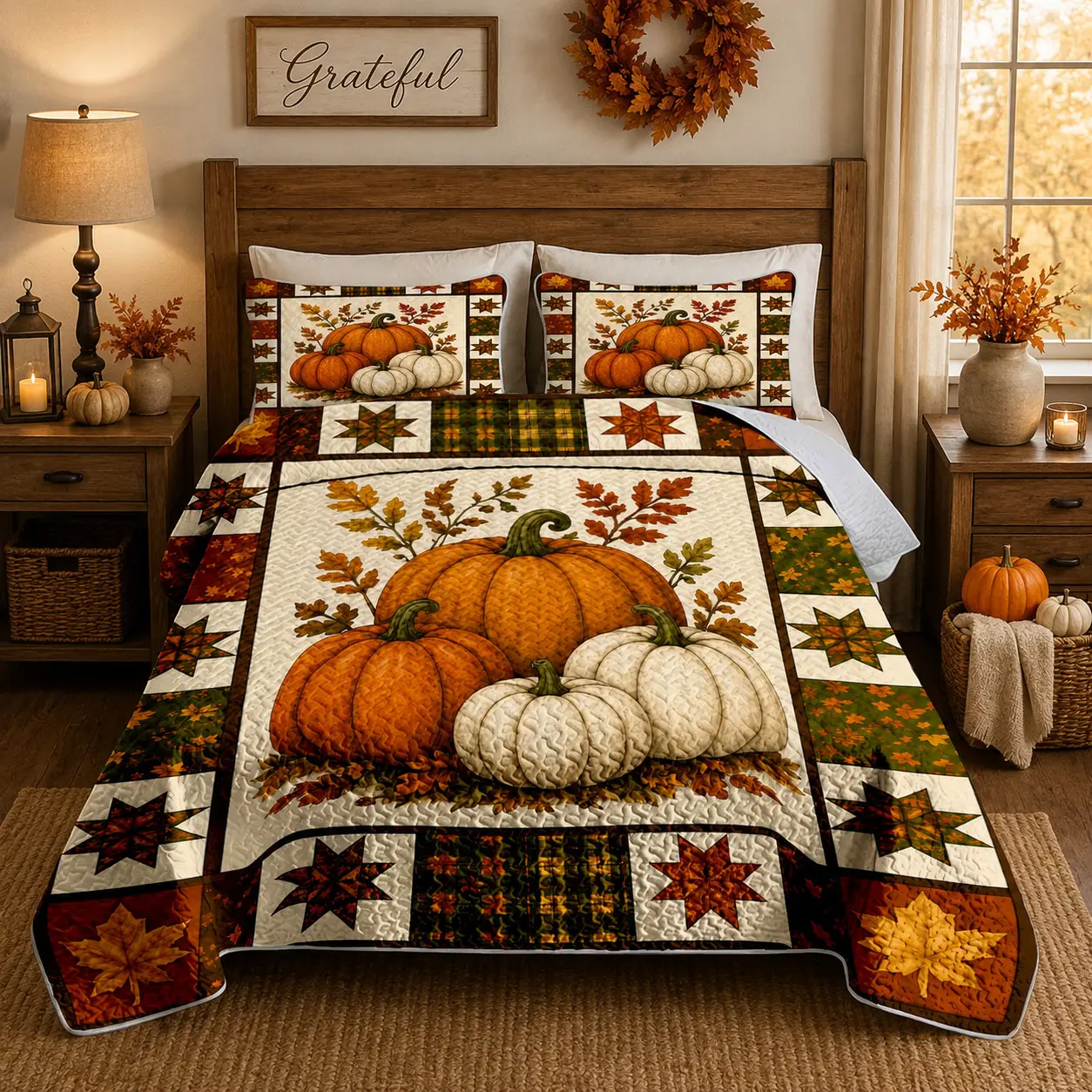 [Back to School] 3-Piece Autumn Pumpkin Quilt Set, Farmhouse Patchwork Bedspread with 2 Pillow Shams, Soft Lightweight Wrinkle-Resistant Breathable Fade-Resistant All-Season Bedding for Queen/King Beds, Thanksgiving Bedroom Decor Bedding Sets