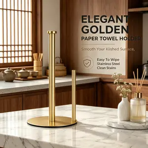 1 Pack Elegant Freestanding Gold Paper Towel Holder with Side Retaining Bar, Rust Resistant Kitchen Gadget to Keep Paper Rolls Tidy on Countertop All the Time